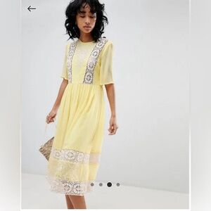 ASOS Yellow Embroidery dress with Lace inserts and button-up back